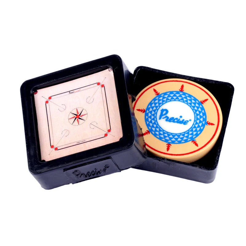 Precise carrom board striker with blue patterned design displayed in a black carrom-shaped protective case