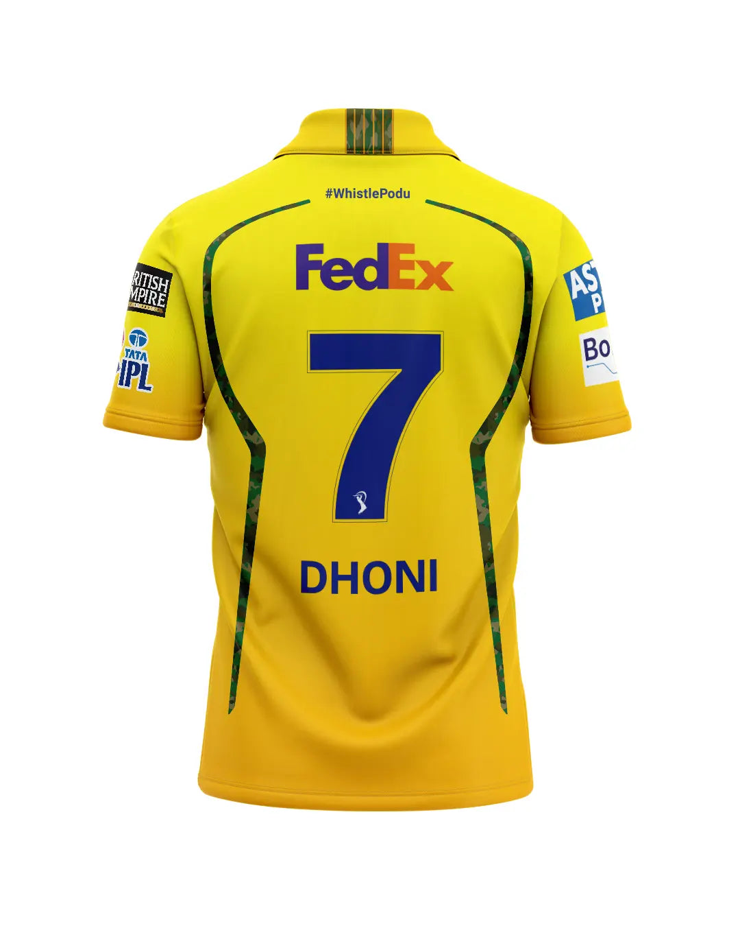 Back view of yellow Chennai Super Kings jersey with Dhoni number 7 and FedEx sponsor logo.