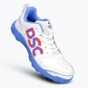 DSC Beamer X cricket shoe – angled view in white and blue