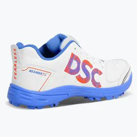 DSC Beamer X cricket shoe – rear angled view in white and blue