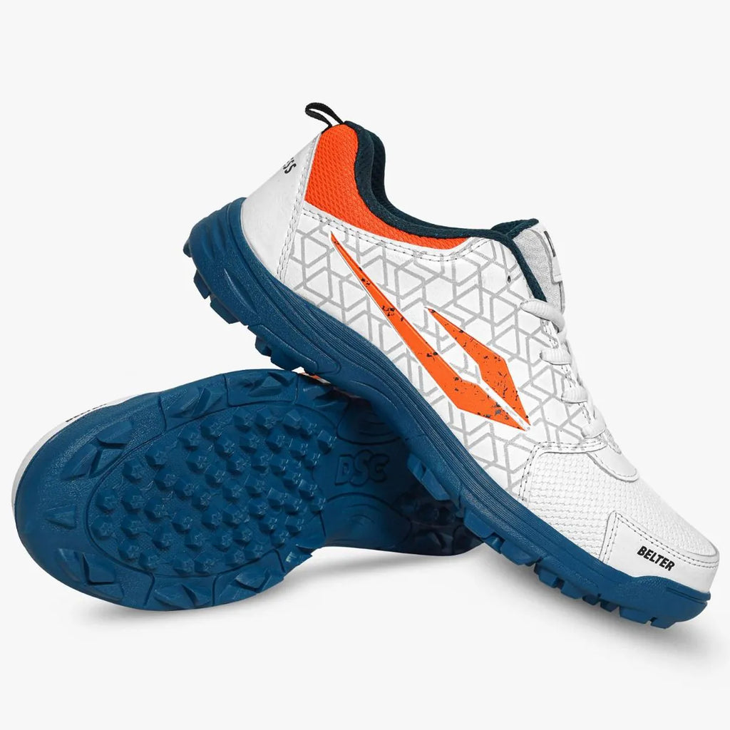 DSC Belter White and Orange Cricket Shoes with high-traction blue studded rubber sole for cricket players in Alberta.
