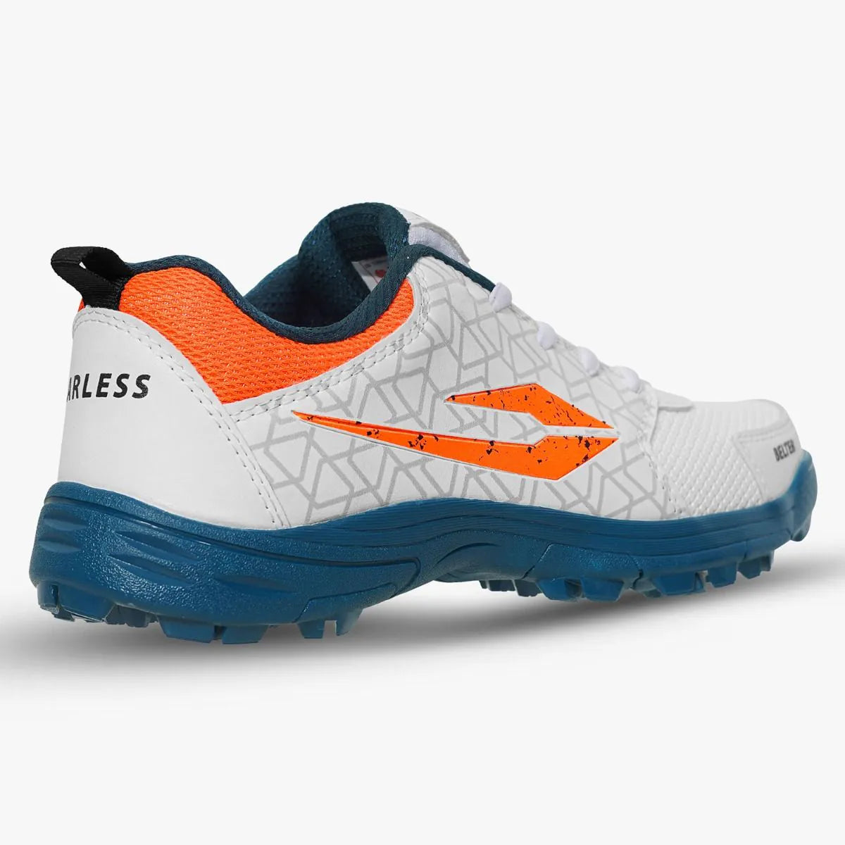 Side profile view of DSC Belter cricket shoe in white, orange, and teal facing right.