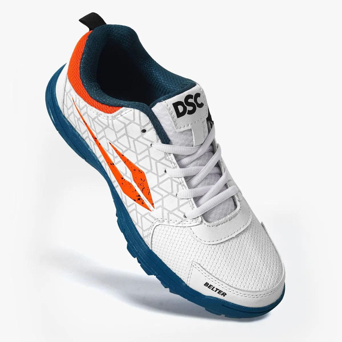 Three-quarter front perspective view of DSC Belter cricket shoe in white, orange, and teal.
