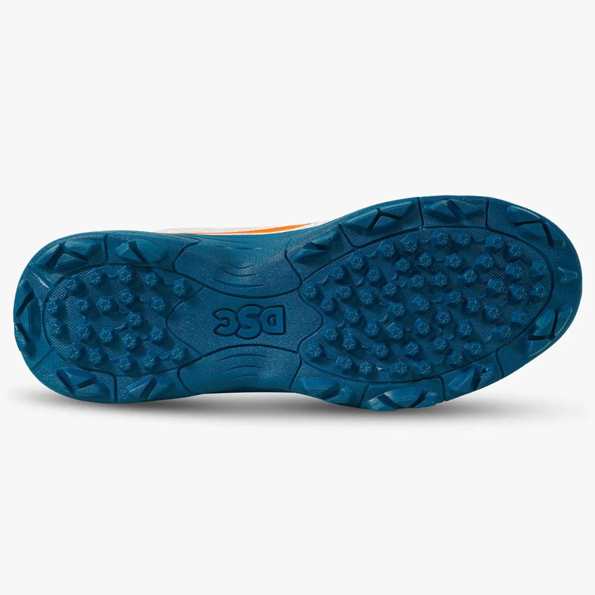 Full outsole view of DSC Belter cricket shoes showing teal rubber stud traction layout.