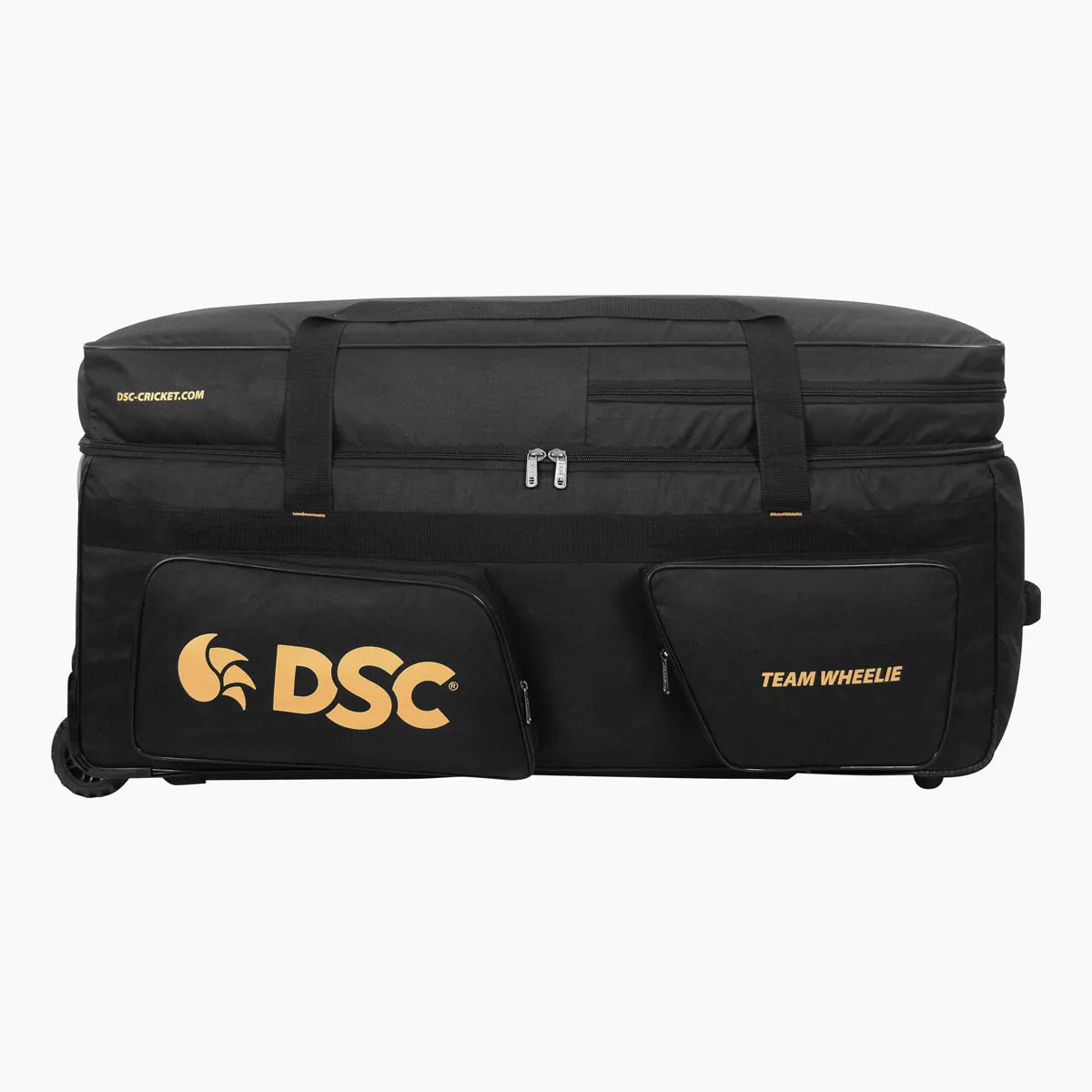 DSC Team Wheelie Large cricket kit bag in black with gold branding on Alberta.