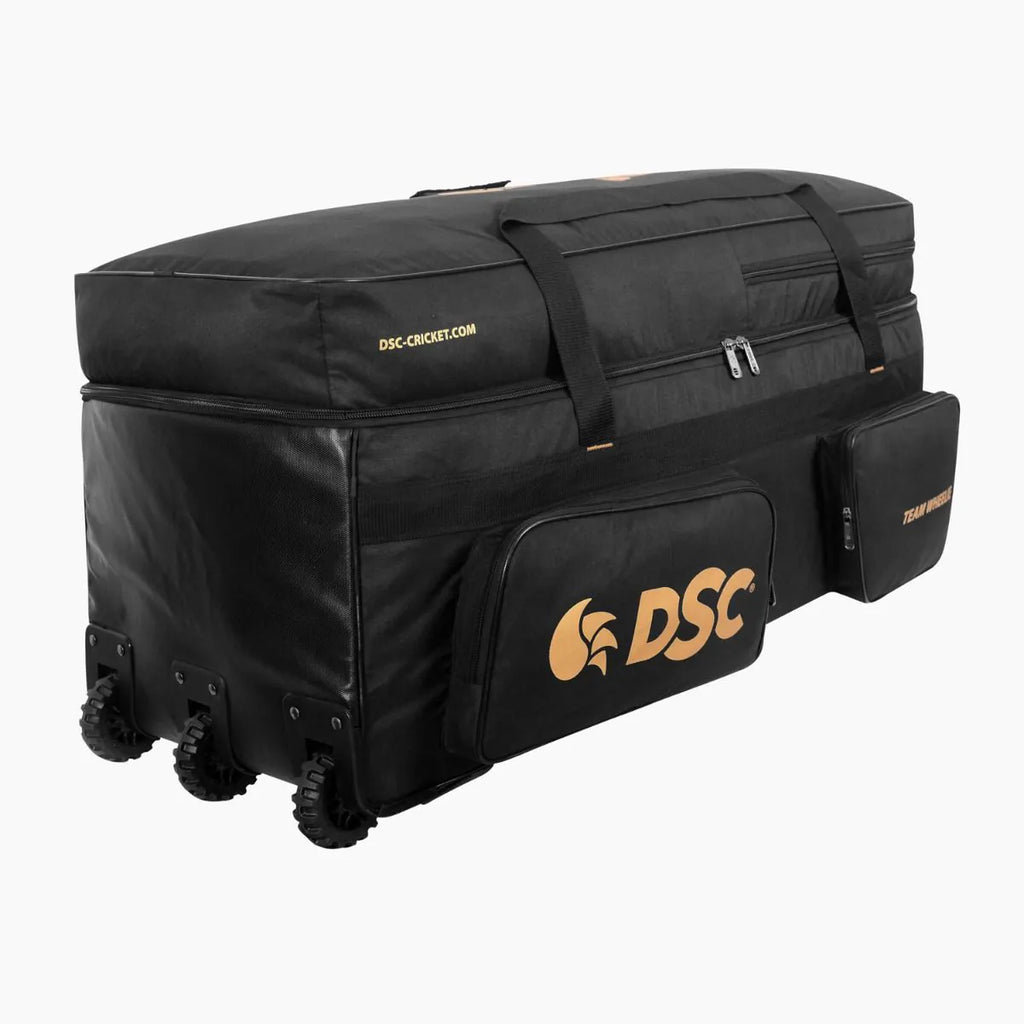 Angle view of DSC Team Wheelie Large cricket kit bag showing heavy-duty tractor wheels on Alberta.