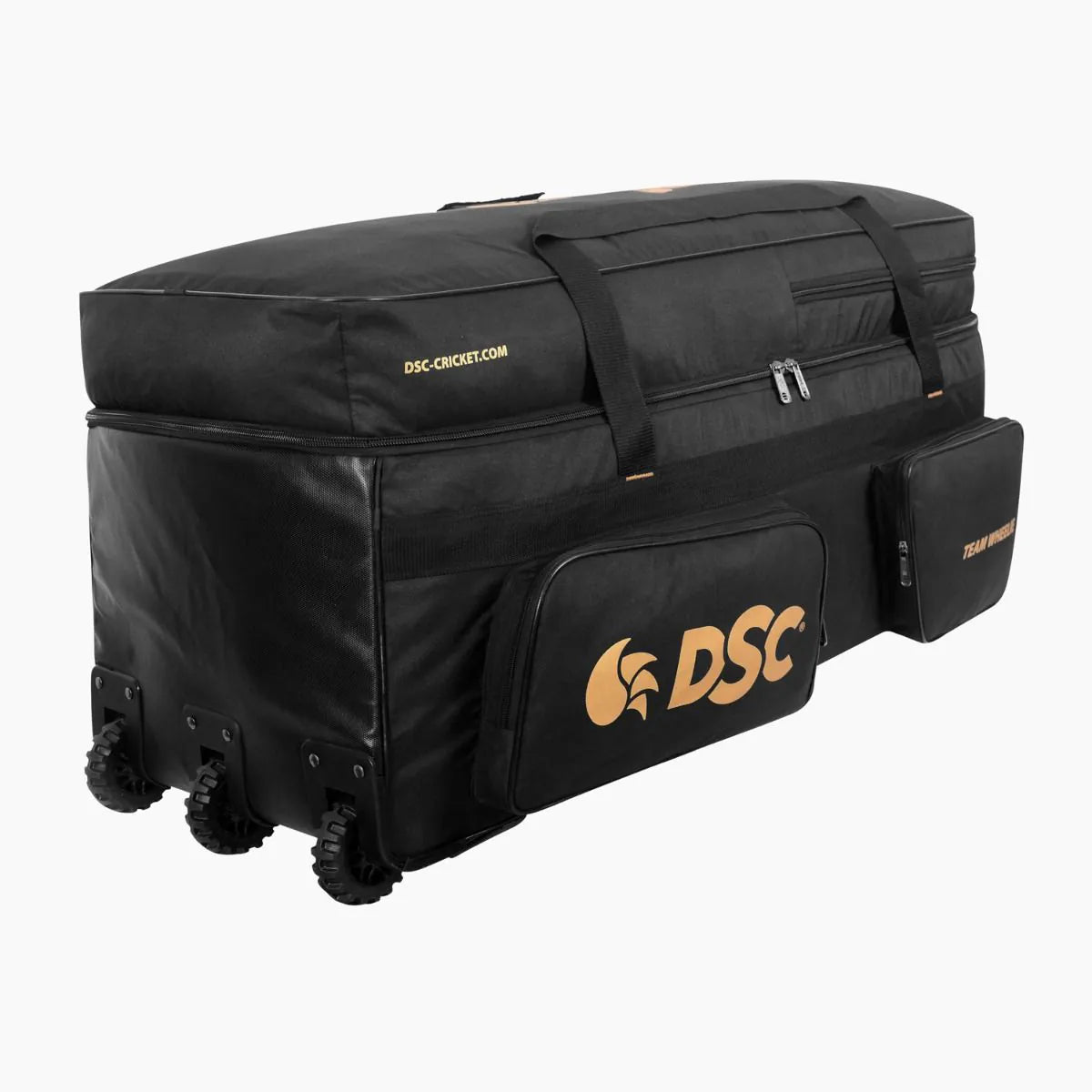 Angle view of DSC Team Wheelie Large cricket kit bag showing heavy-duty tractor wheels on Alberta.