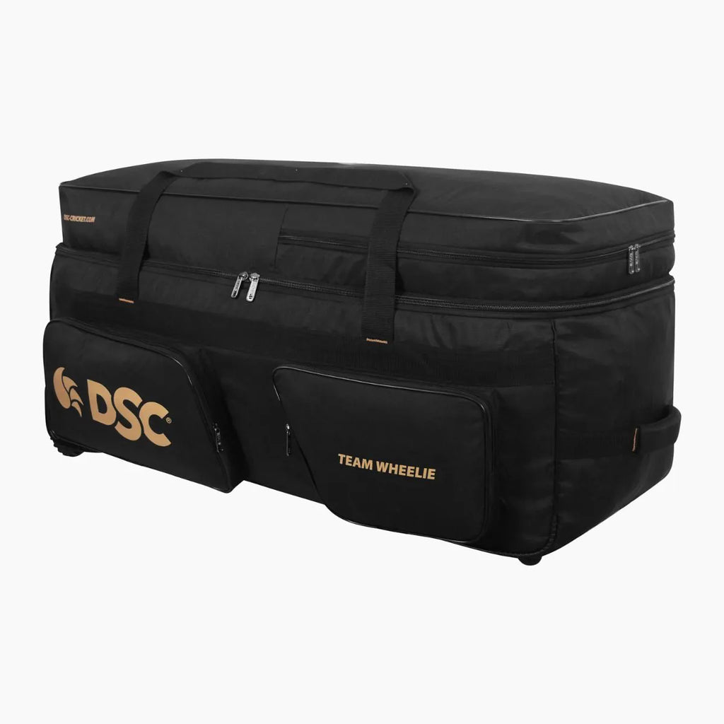 Product view of DSC Team Wheelie Large cricket kit bag in black on Alberta.