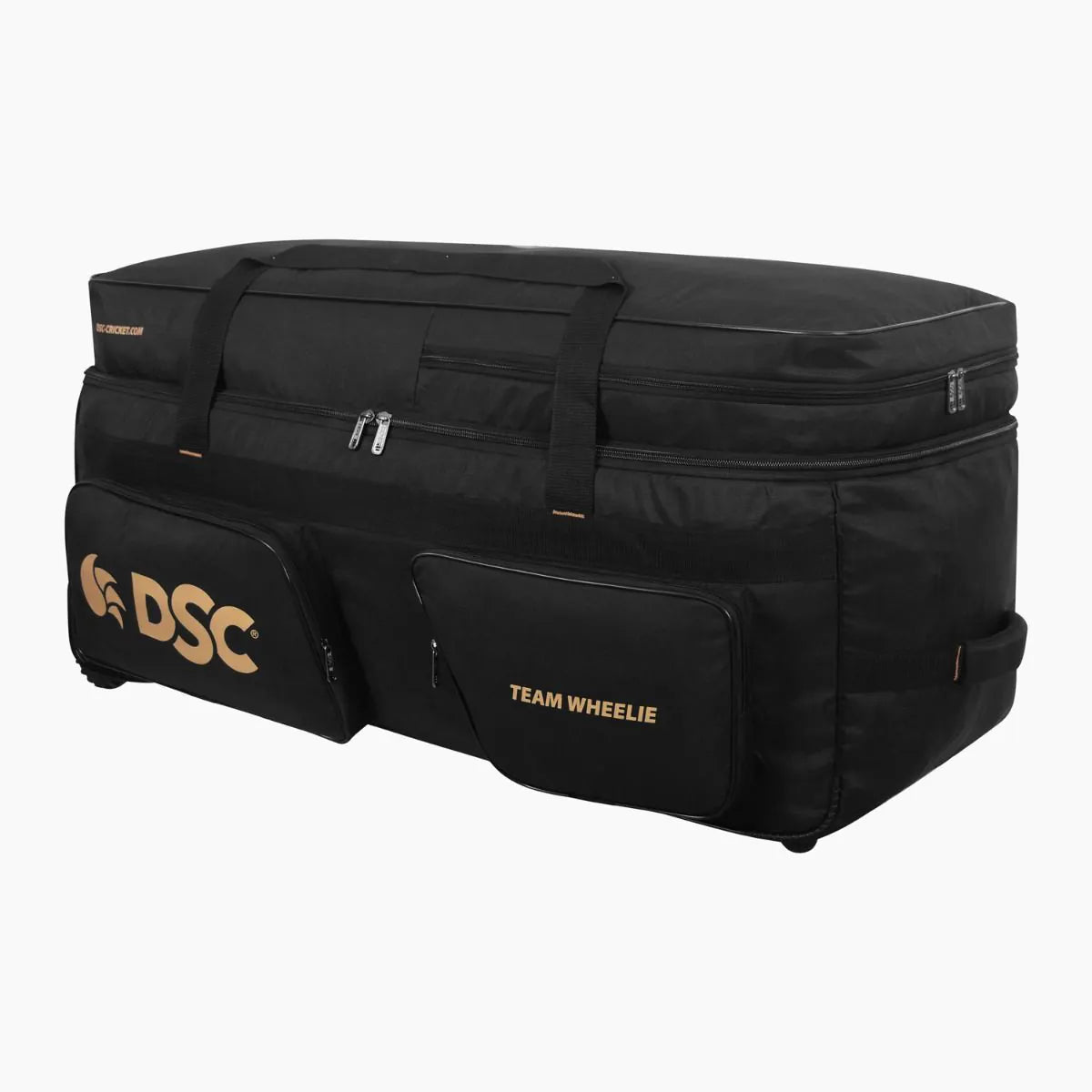 Product view of DSC Team Wheelie Large cricket kit bag in black on Alberta.
