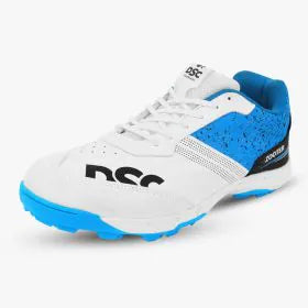 DSC Zooter cricket shoe – front angled view in white and blue