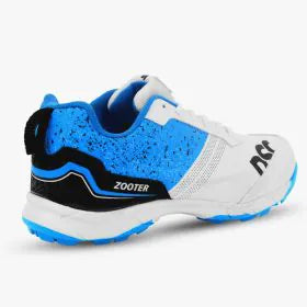 DSC Zooter cricket shoe – rear angled view in white, blue and black