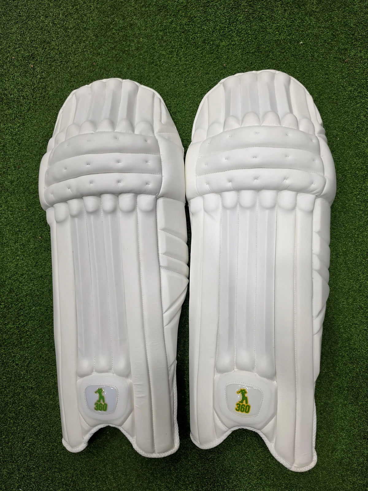Top view of EM 360 Bull Ring adult white cricket batting pads on artificial grass on Alberta.