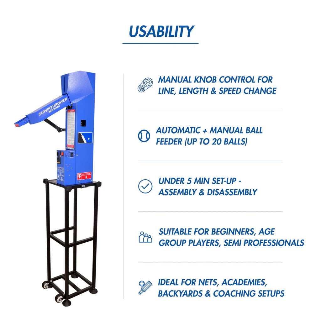 FreeBowler FS2 Pro portable cricket ball thrower usability diagram highlighting key features and controls on Alberta.