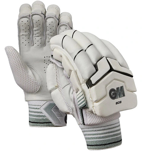 Pair of GM 808 cricket batting gloves showing protective finger blocks and leather palm available at Alberta Cricket Store