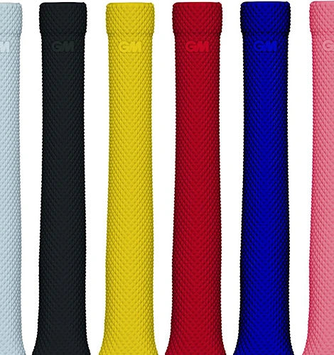 Multiple GM Apex cricket bat grips in black yellow red and blue colors showing diamond textured pattern available at Alberta Cricket Store
