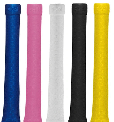 Five GM Galaxy cricket bat grips in blue, pink, white, black, and yellow colors showing honeycomb texture available at Alberta Cricket Store