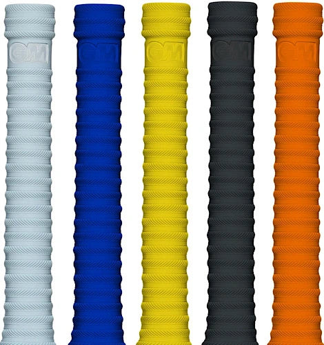 Five multi-colored GM Halo cricket bat grips in grey blue yellow black and orange showing distinct spiral ridge pattern available at Alberta Cricket Store