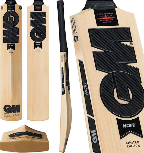GM Noir Limited Edition English Willow Cricket Bat full product showcase displaying the front face, back spine, side bow profile, and cross-section toe view with signature stealth black stickers.