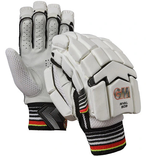 Pair of GM Rival 909 cricket batting gloves showing high-density finger blocks and premium leather palm available at Alberta Cricket Store