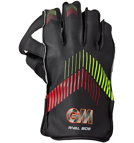 Back of hand view of GM Rival 909 wicket keeping glove with black leather and red green design available at Alberta Cricket Store