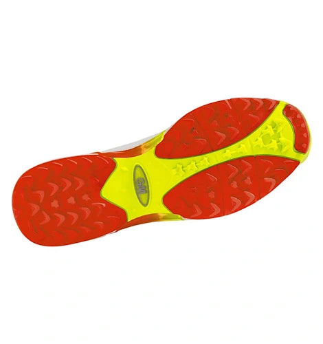 Sole view of GM Rival All Rounder cricket shoe showing red and yellow rubber studs available at Alberta Cricket Store