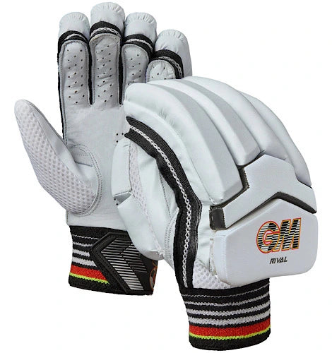 Pair of GM Rival cricket batting gloves showcasing high-density finger blocks and premium leather palm available at Alberta Cricket Store