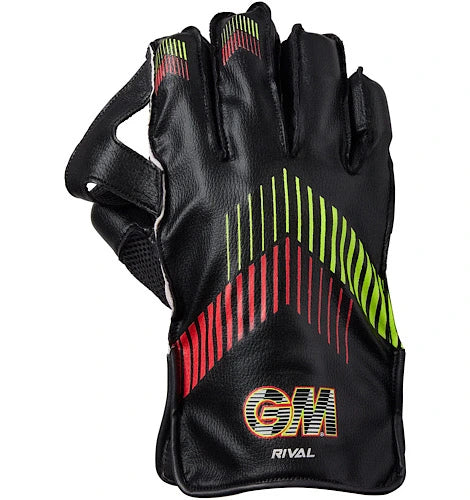 Backhand view of a black GM Rival wicket keeping glove with red and lime green stripes.