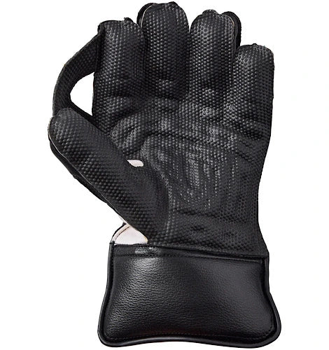 GM Rival wicket keeping gloves inner palm side view in black leather, showing high-grip textured pimpled rubber matrix and padded protection at Alberta Cricket Store.