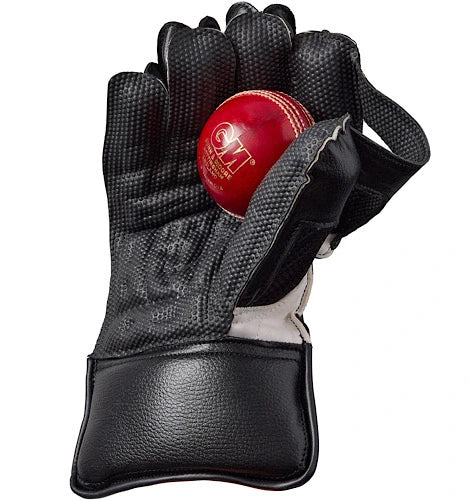 GM Rival wicket keeping gloves in black and white leather catching a red GM cricket ball, showcasing premium palm grip and cuff protection at Alberta Cricket Store.