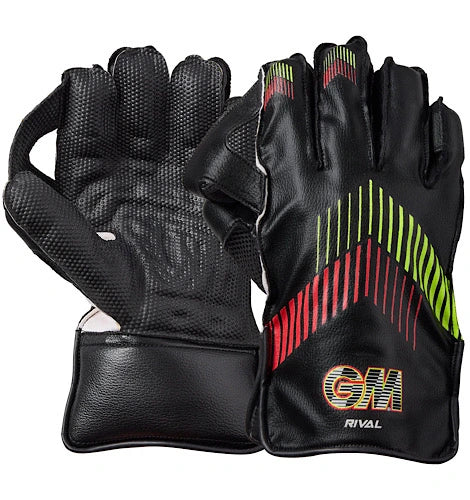 Black GM Rival wicket keeping gloves showing the textured palm and striped backhand side by side.