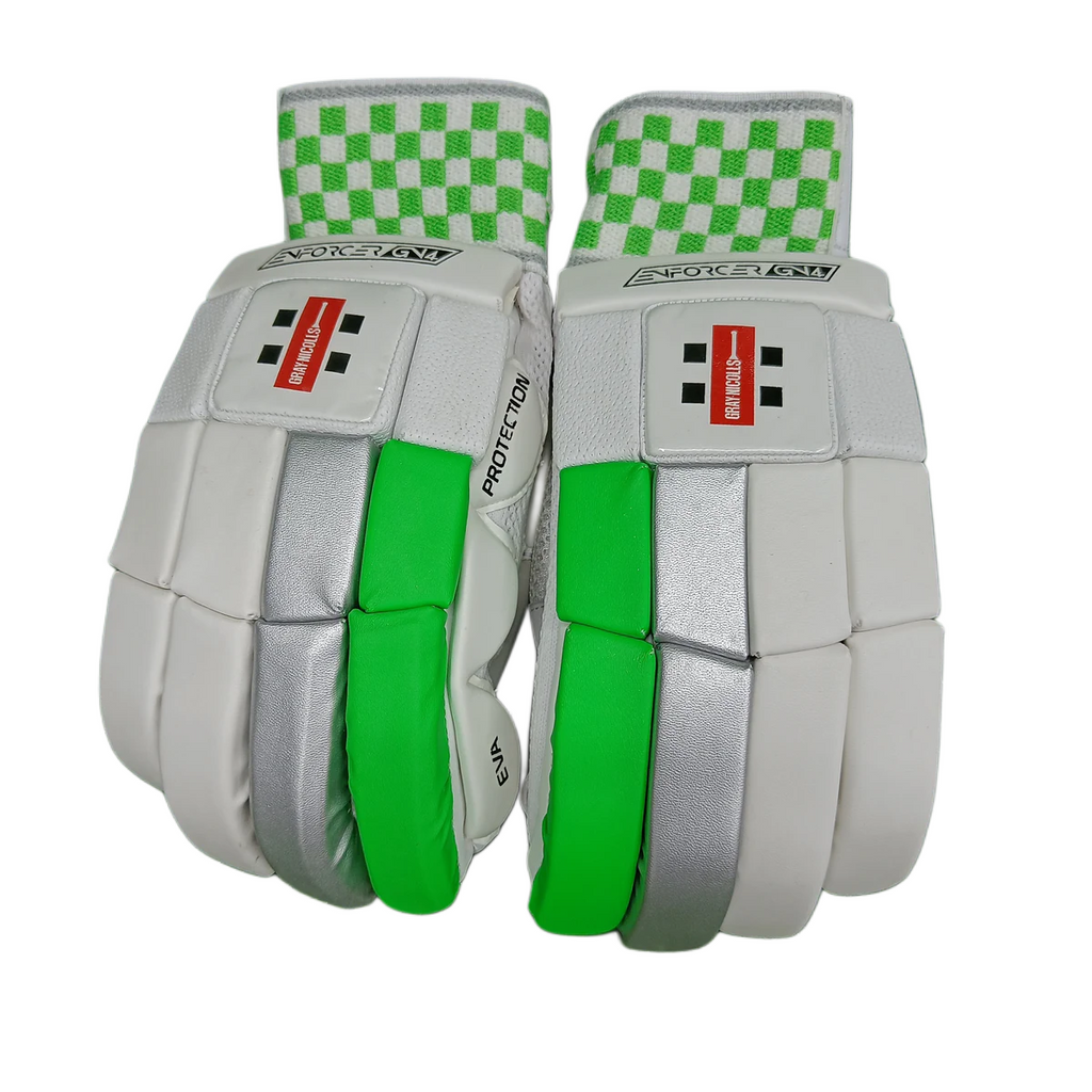 Backhand view of white, green and silver Gray-Nicolls Enforcer batting gloves with checkered cuffs.