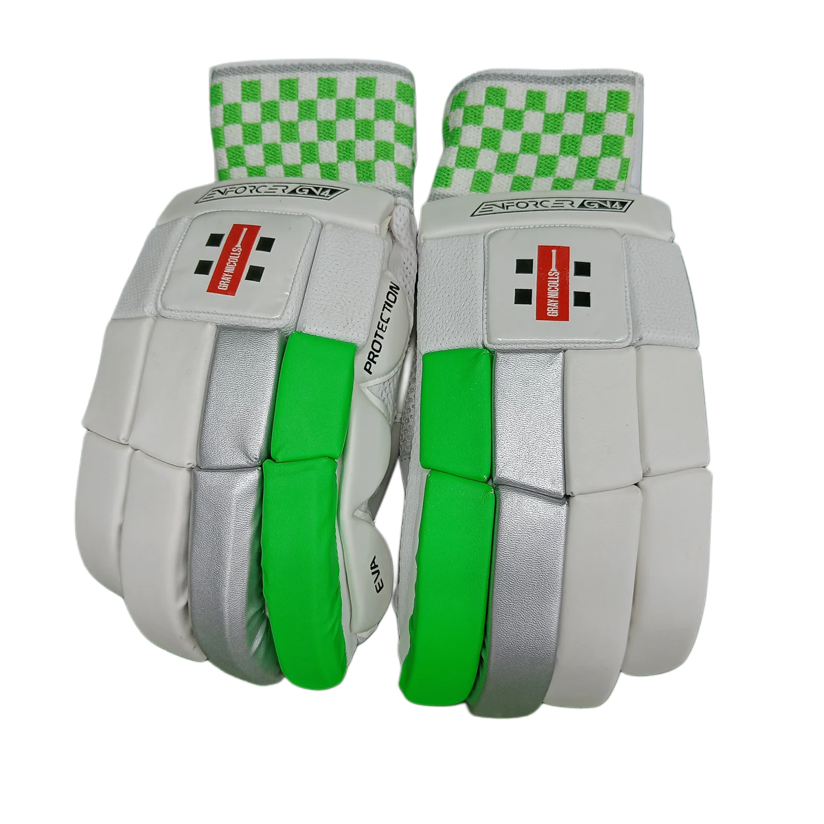Backhand view of white, green and silver Gray-Nicolls Enforcer batting gloves with checkered cuffs.