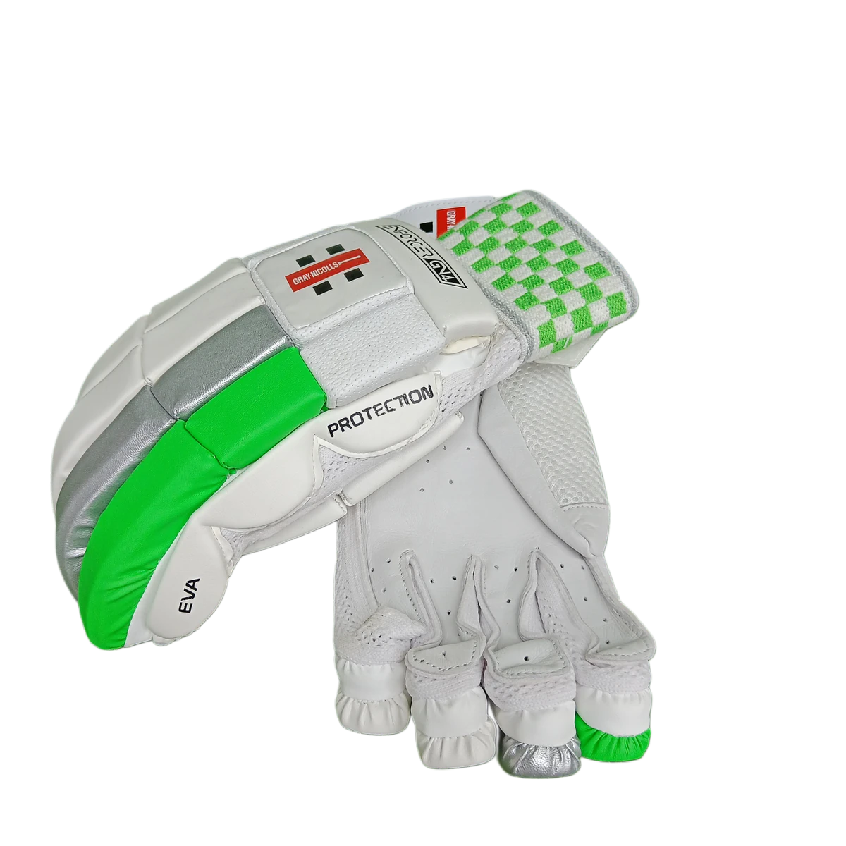 White, green and silver Gray-Nicolls Enforcer batting gloves showing the palm and side padding.