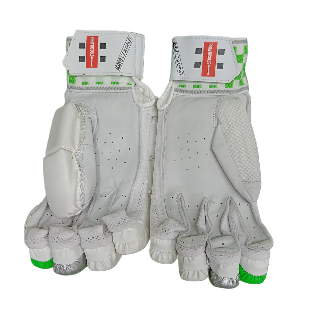 Palm view of a pair of white Gray-Nicolls Enforcer batting gloves with green cuff and finger details.