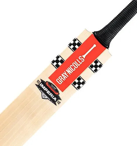 Close-up of a Gray-Nicolls Imperia cricket bat face with a black grip and red branding.