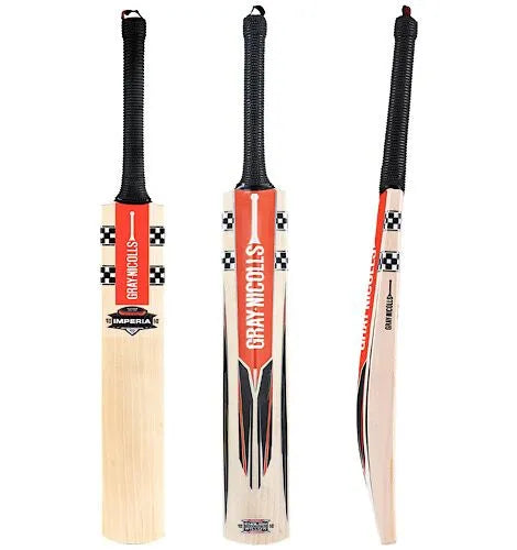 Front, back and side views of a Gray-Nicolls Imperia cricket bat with a black grip.