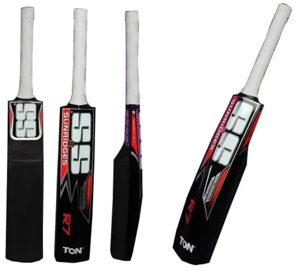 Multiple angles of black SS R-7 catch practice cricket bat with Sunridges stickers