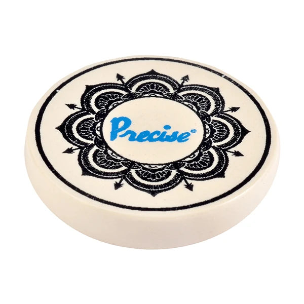 Close-up of a white Precise tournament carrom board striker with black decorative floral ring pattern