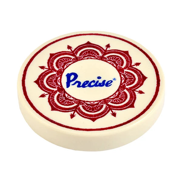 White Precise tournament carrom board striker featuring a red decorative floral design