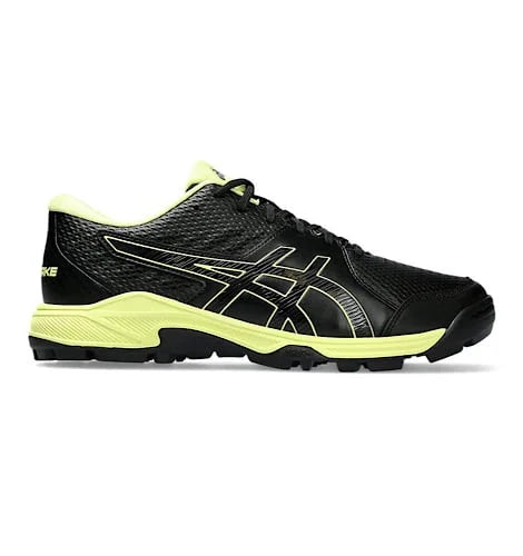 Side profile view of black Asics Gel-Peake 2 cricket shoe with neon lime stripes and matching midsole trim.