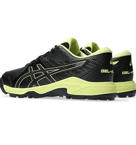 Side angle view of black Asics Gel-Peake 2 cricket shoes with neon lime side stripes and matching midsole trim.