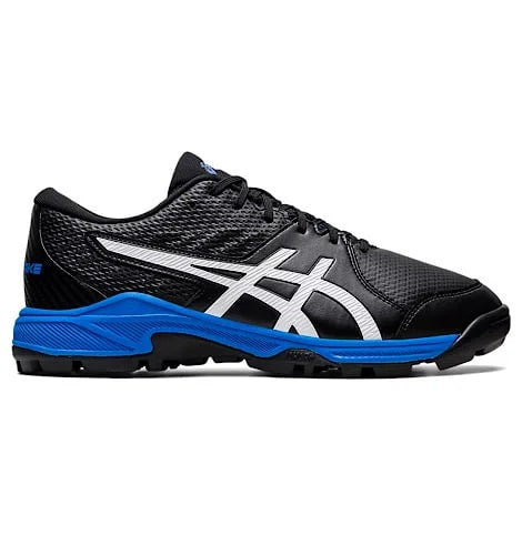 Lateral profile view of black Asics Gel-Peake 2 cricket shoe with white Asics stripes and bright blue midsole.