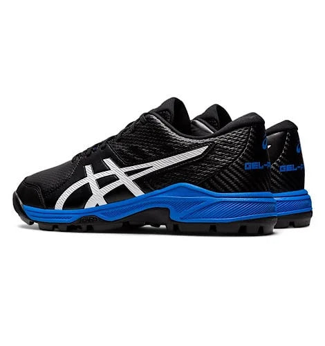 Side angle view of black Asics Gel-Peake 2 cricket shoes with white logo stripes and blue midsole.