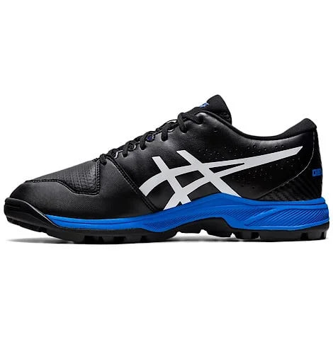 Medial side view of black Asics Gel-Peake 2 cricket shoe with white Asics logo and electric blue midsole.