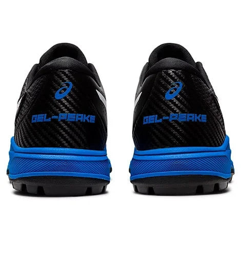 : Rear view of black Asics Gel-Peake 2 cricket shoes with bright blue heel accents and GEL-PEAKE branding.