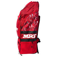 Rear view of MRF VK 18 LE duffel wheelie cricket bag in red showing padded shoulder straps and wheels on Alberta.