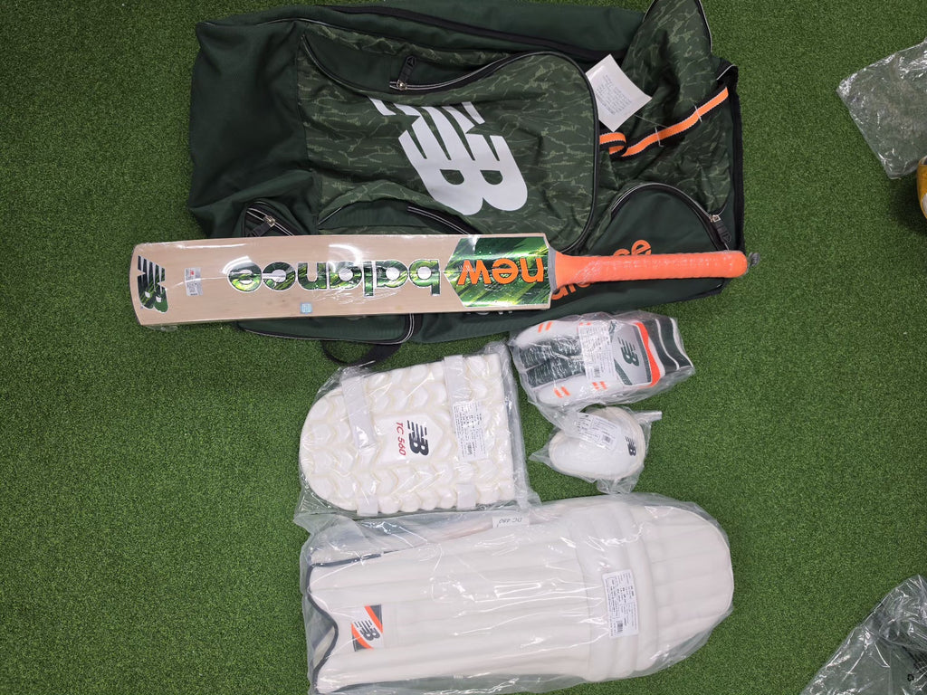 New Balance youth full cricket kit with size 6 Kashmir willow bat and green bag