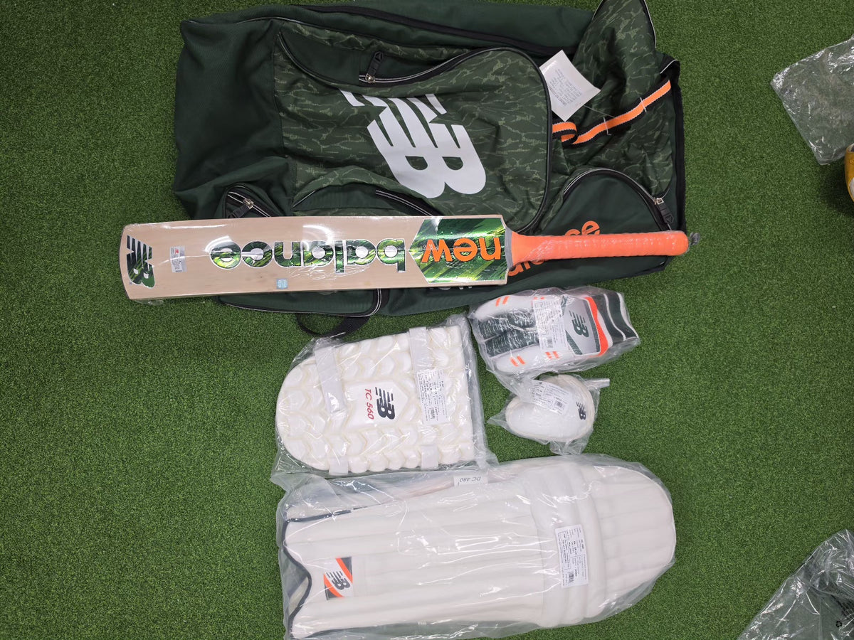 New Balance youth full cricket kit with size 6 Kashmir willow bat and green bag