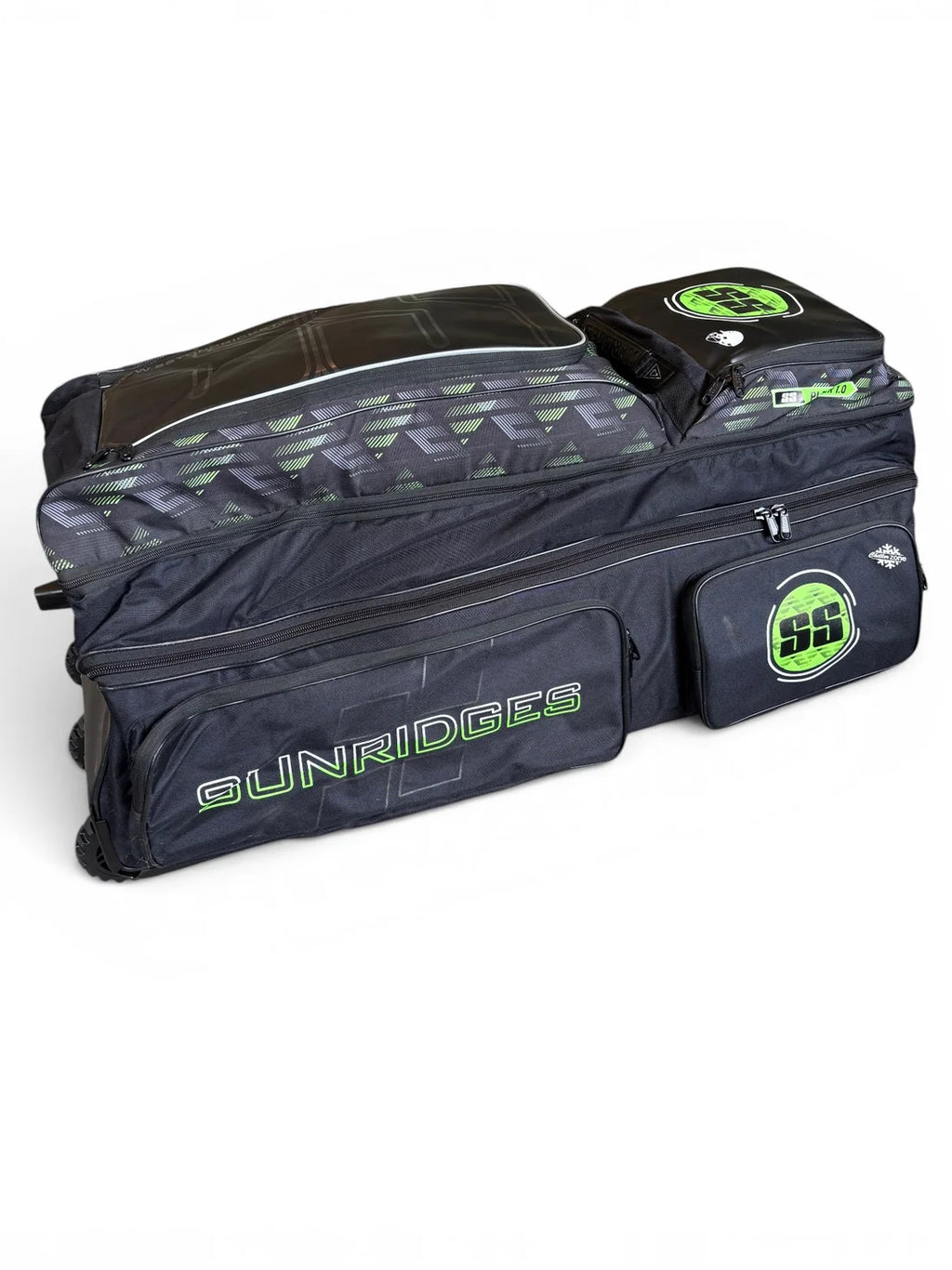 Top detail view of SS Player 1.0 cricket kit bag showing top compartment zipper and lime green accents on Alberta.