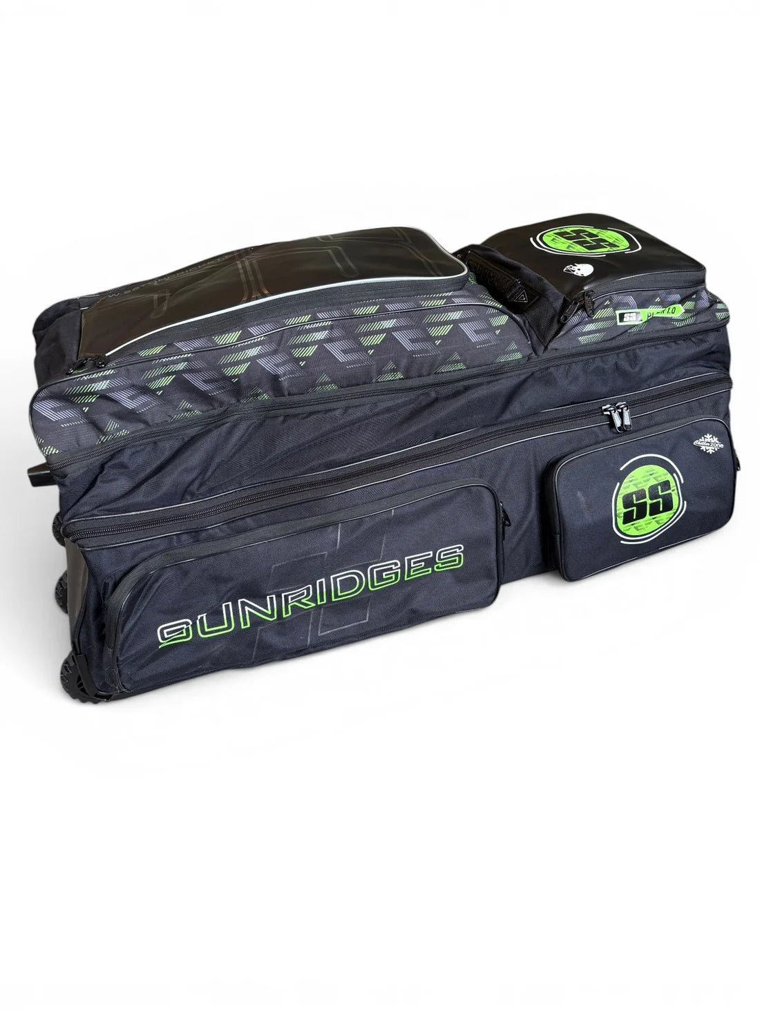 Top detail view of SS Player 1.0 cricket kit bag showing top compartment zipper and lime green accents on Alberta.
